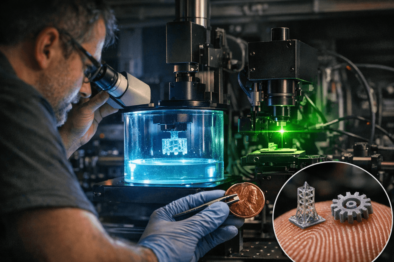 Hybrid Volumetric and Two‑Photon 3D Printing Enables Hobbyist Multiscale Fabrication