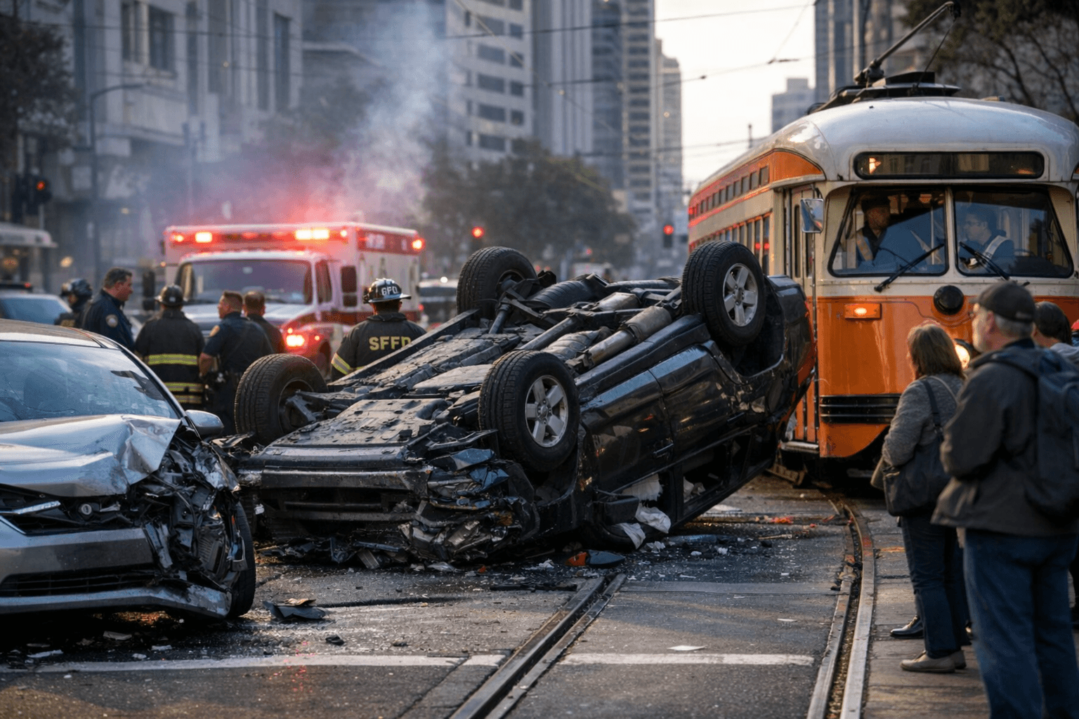 Downtown Two-Car Crash Overturns Vehicle at Market and Larkin, Disrupts F-Market