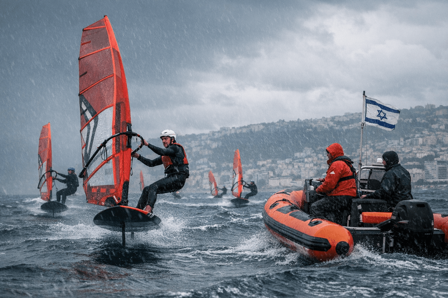 Haifa Sailing Club Runs iQFoil Heats Amid Rain, Choppy 12-knot Winds