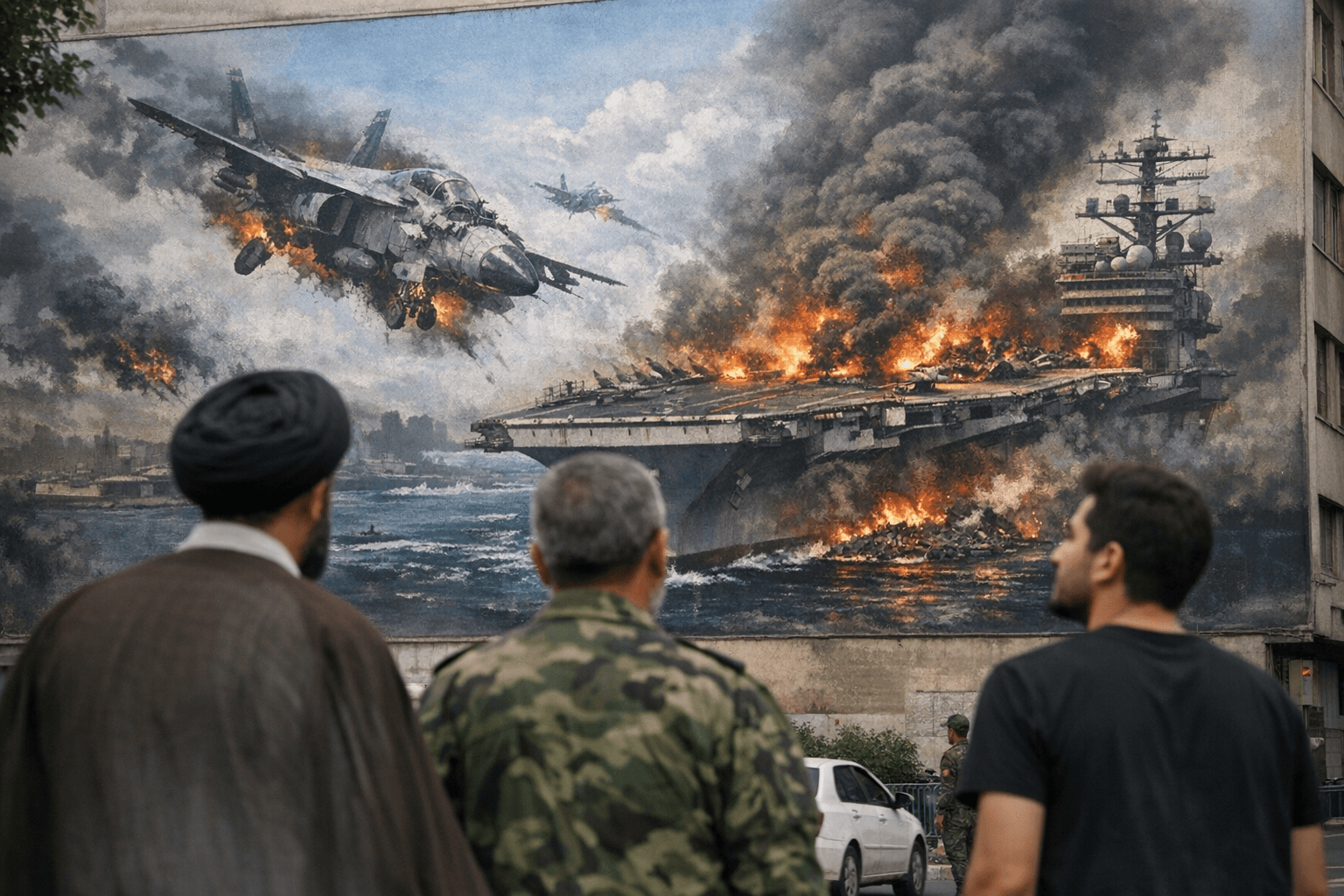 Tehran unveils giant mural of damaged US warplanes and carrier warning