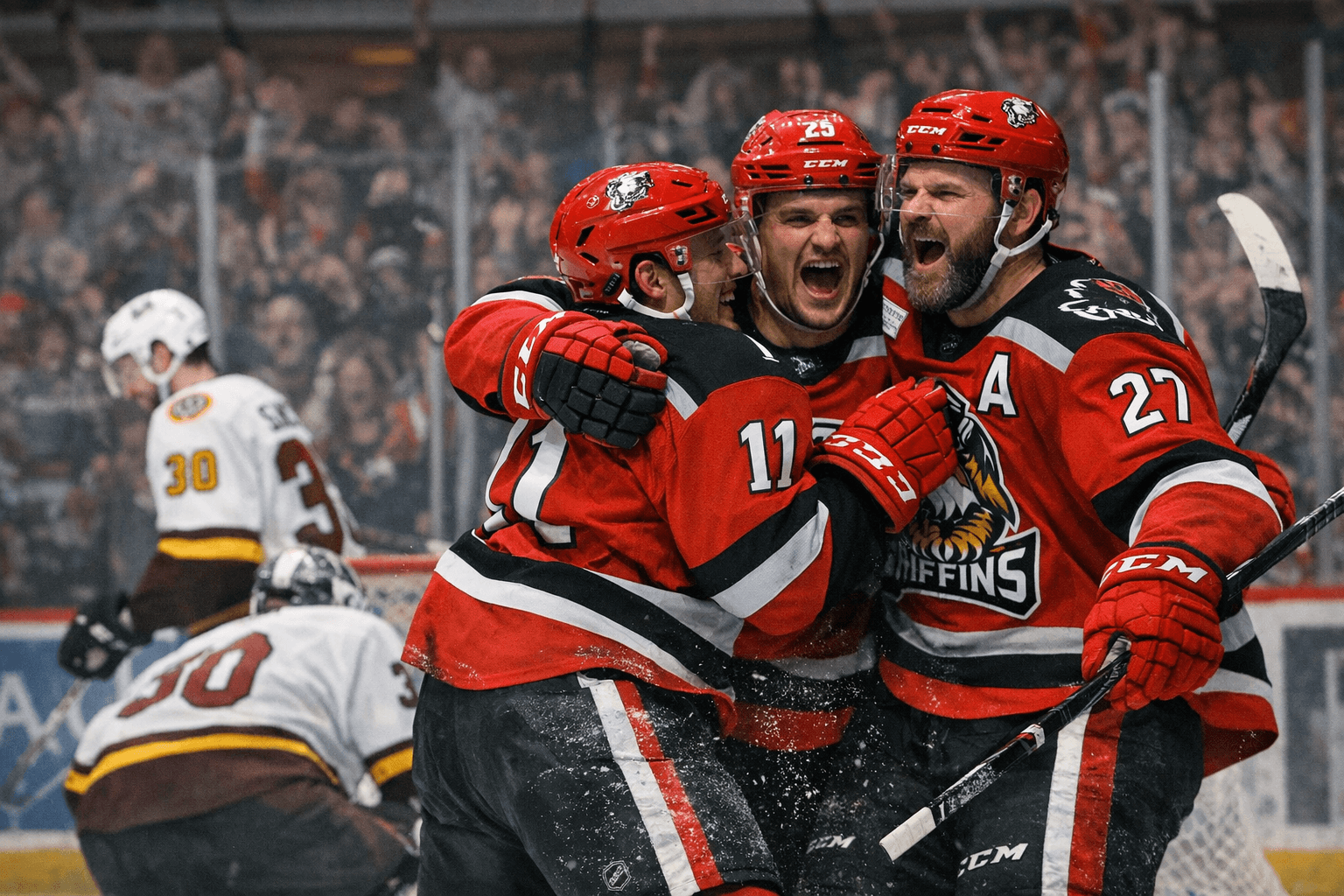 Griffins Rally With Three Third-Period Goals to Beat Wolves 4-2