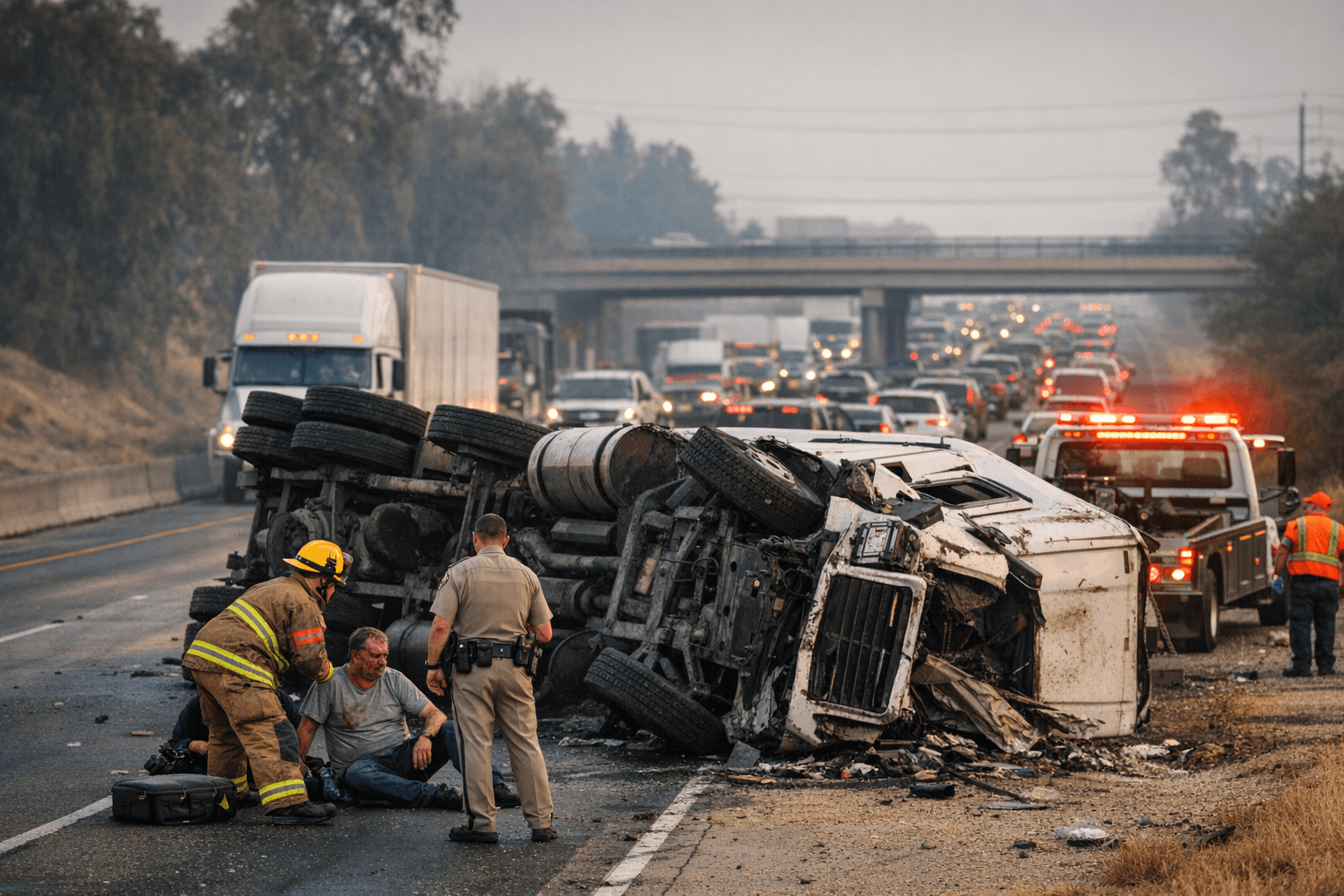 Overturned Truck Blocks Northbound 99 Near Olive Avenue, Backups to 41