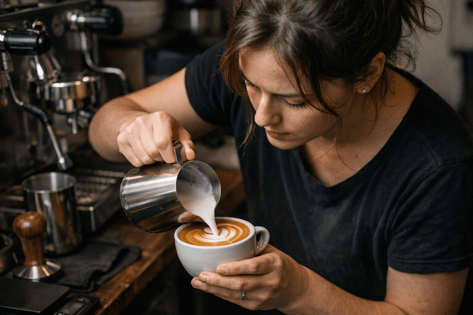 Focused Beginner Latte Art Routine Teaches Milk Texture and Pour Technique