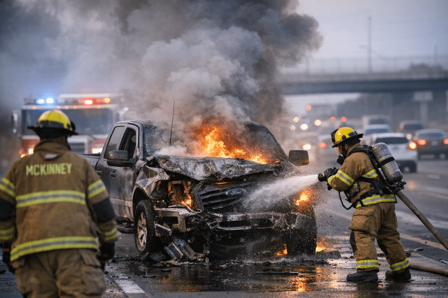 McKinney Firefighters Contain Ford F-150 Fire After Crash on Highway 75