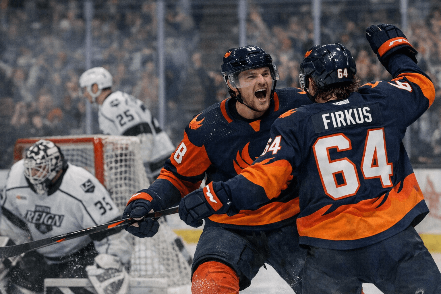 Roed, Firkus Each Score Twice as Firebirds Beat Reign 5-1