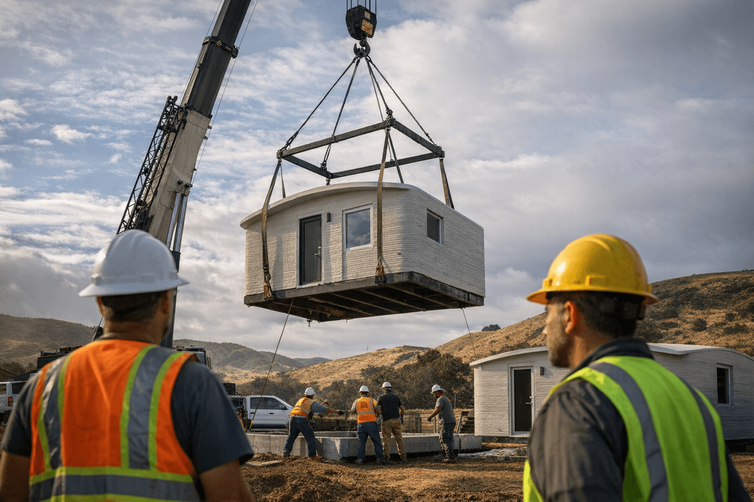 Crane places first 3D-printed cabins at Welcome Home Village, San Luis Obispo