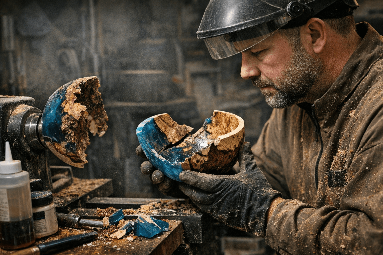 Woodturner documents lathe mishap with poplar burl and resin, shows repair