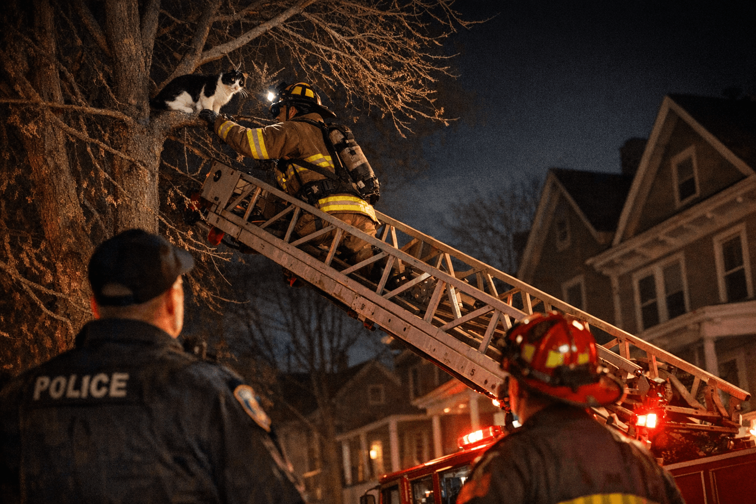 Newport Fire and Police Rescue Cat Stuck High on Laurel Street