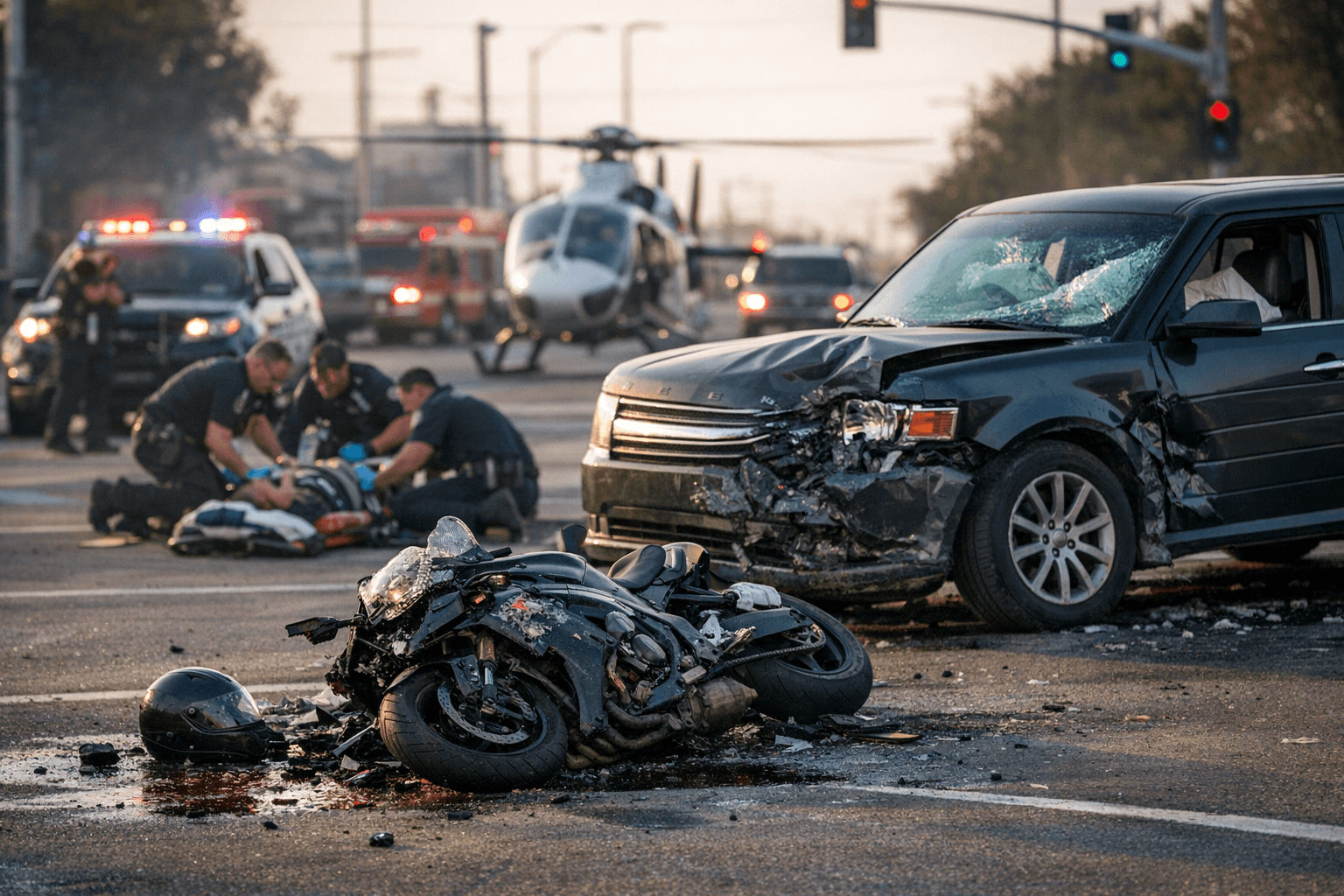 Five Injured After Suzuki Motorcycle, Ford Flex Collide at 24th and Pacific