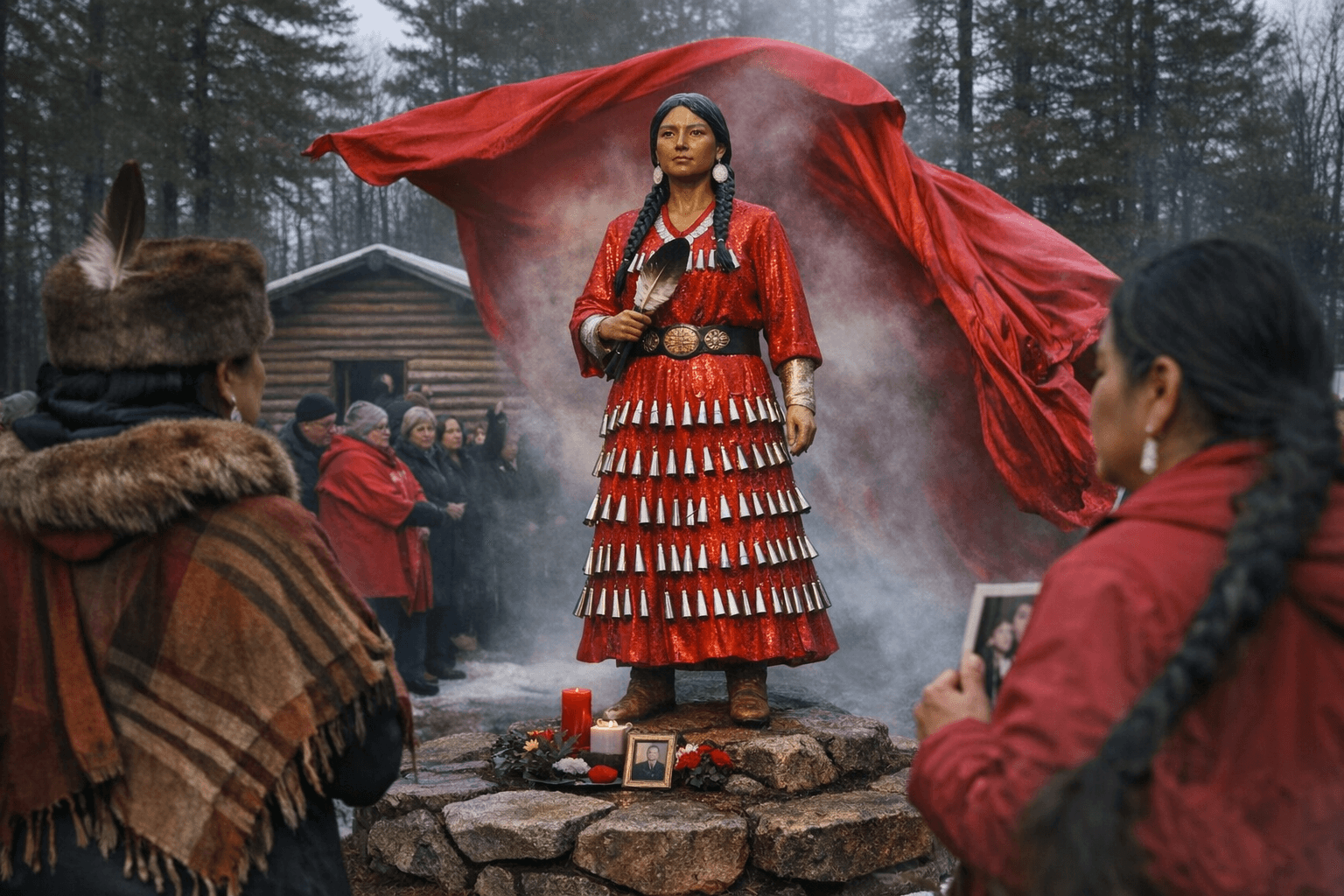 Red Jingle Dress Memorial Honoring MMIP Unveiled at Menominee Logging Museum Feb. 14