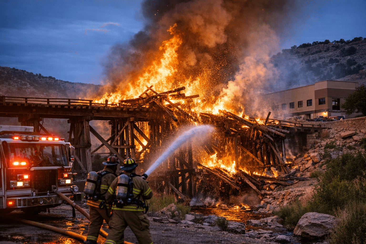 Fire Destroys Old Railroad Bridge Behind Phil Long Building in Trinidad