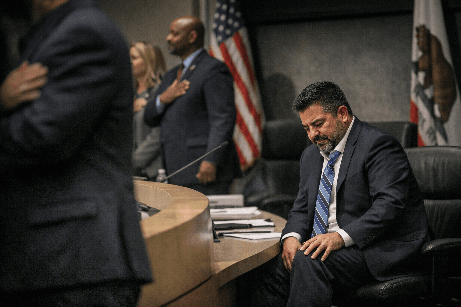 Fresno Councilmember Miguel Arias Sits During Pledge Citing Leg Cramp