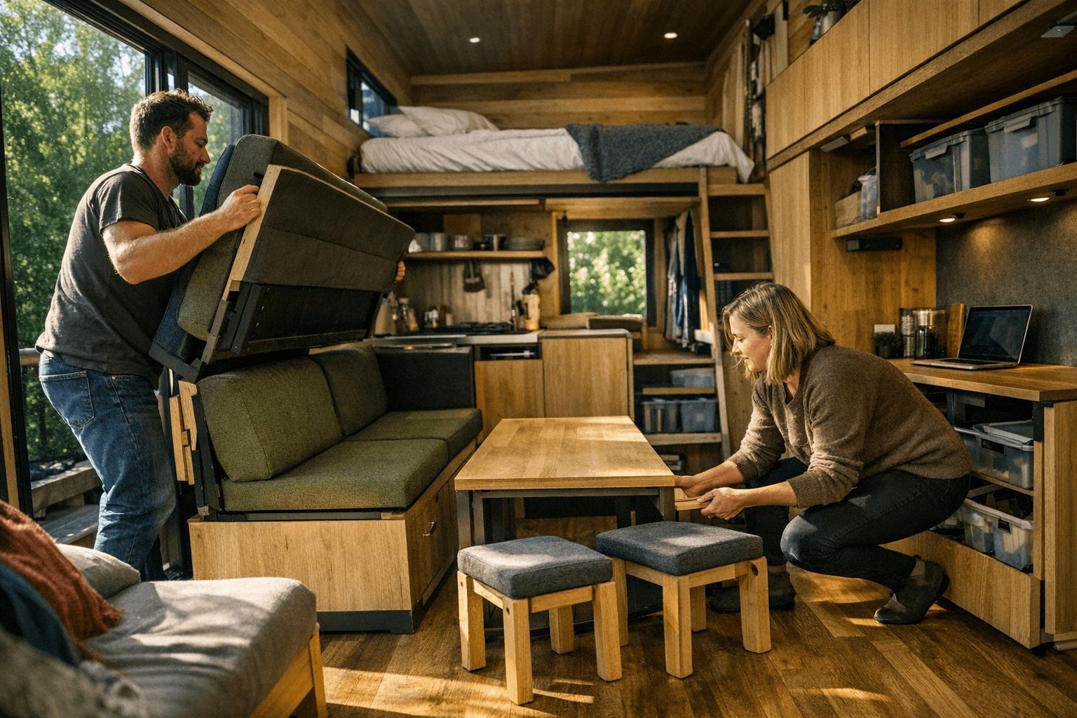 Modular Furniture Transforms Tiny Home into Highly Adaptable Living Environment