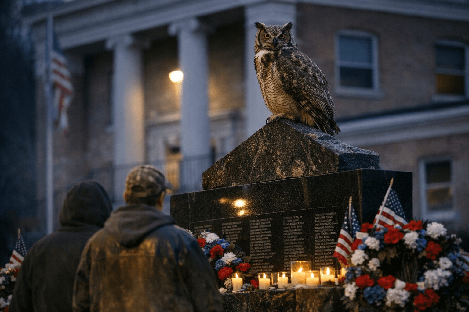 Owl Perches Above Memorial at Owsley County Courthouse Photo by Ellie Spence