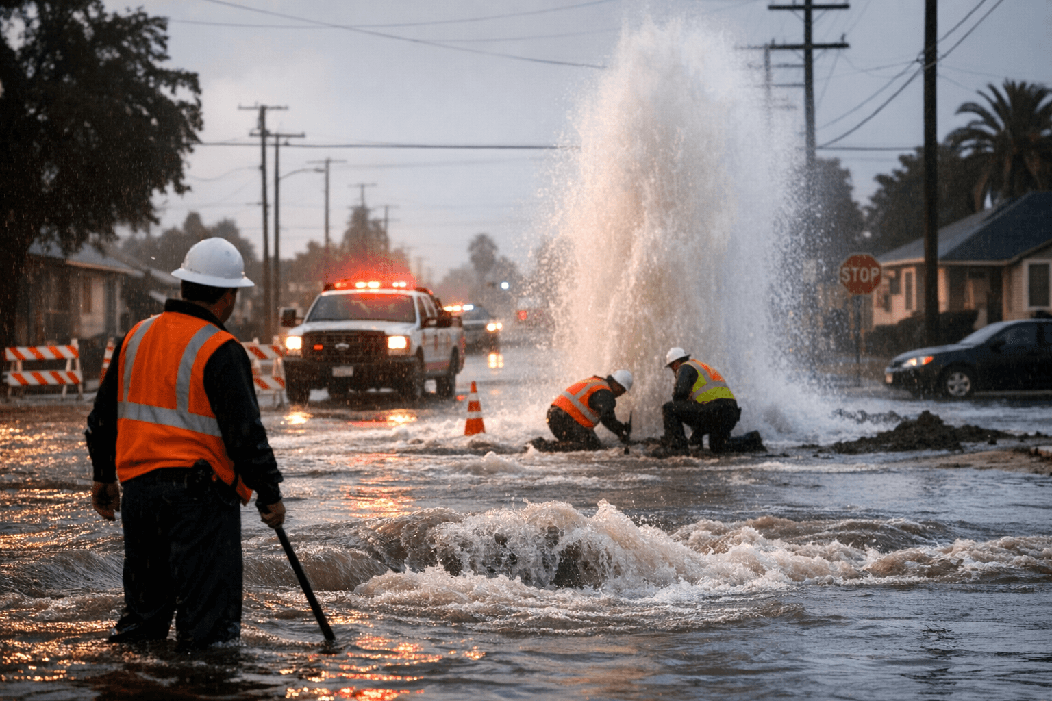 Water Main Break Floods Fisher and Olive Streets in Central Fresno