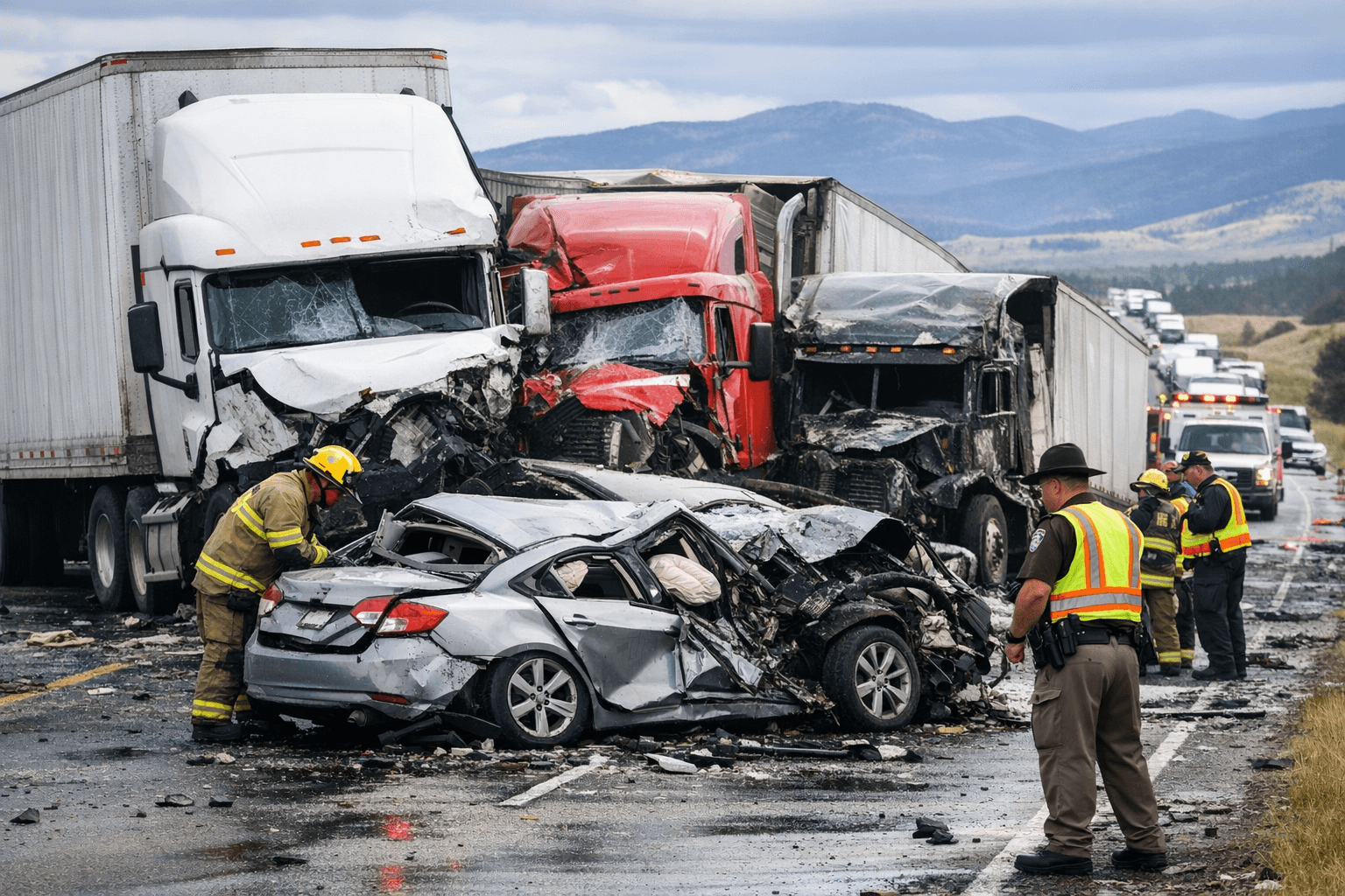 Three Semis and Car Crash Blocks Northbound I-15 Mile Marker 222