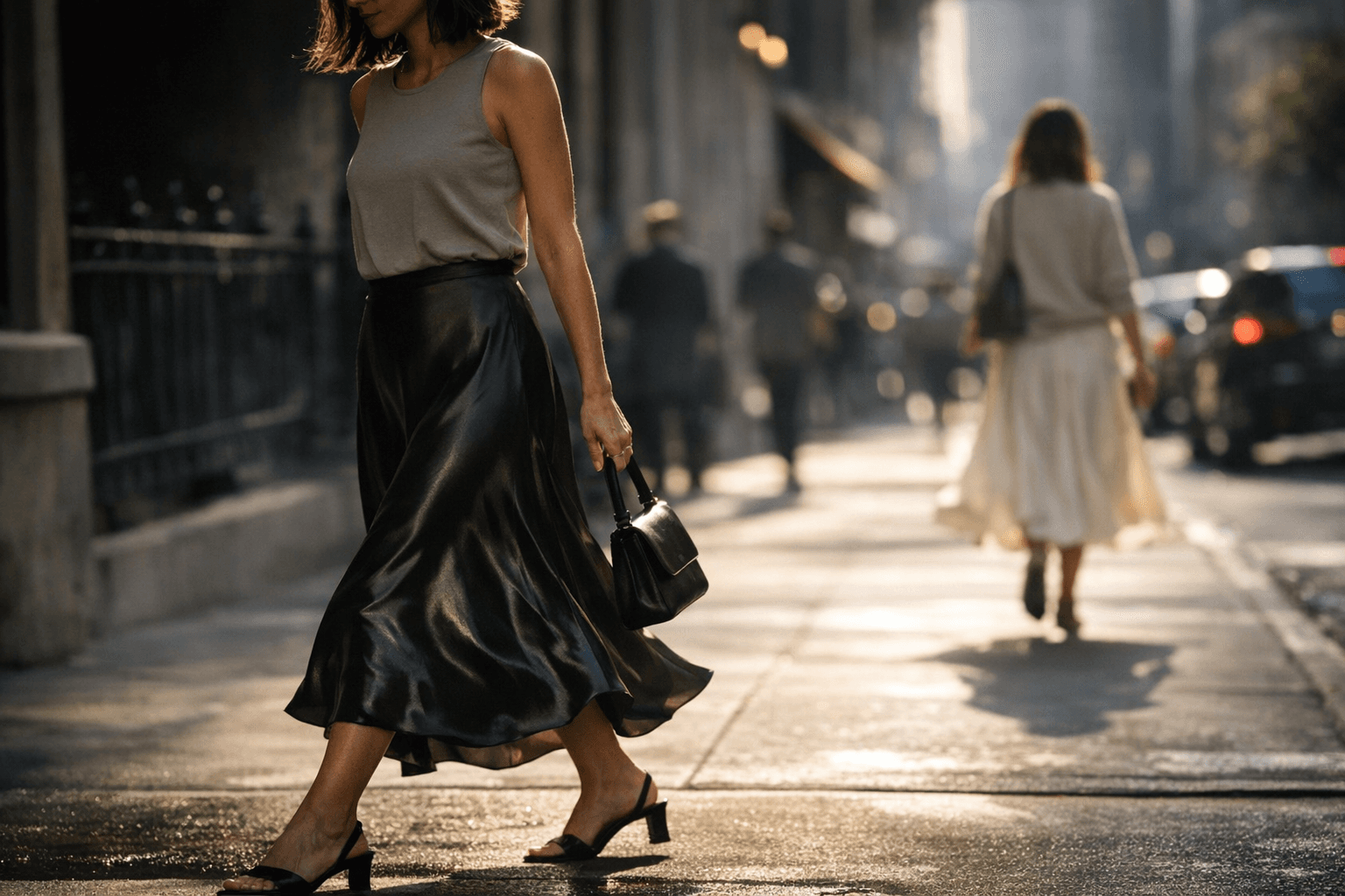 Fluid mid-length skirts with liquid drape redefine quiet, effortless wardrobes