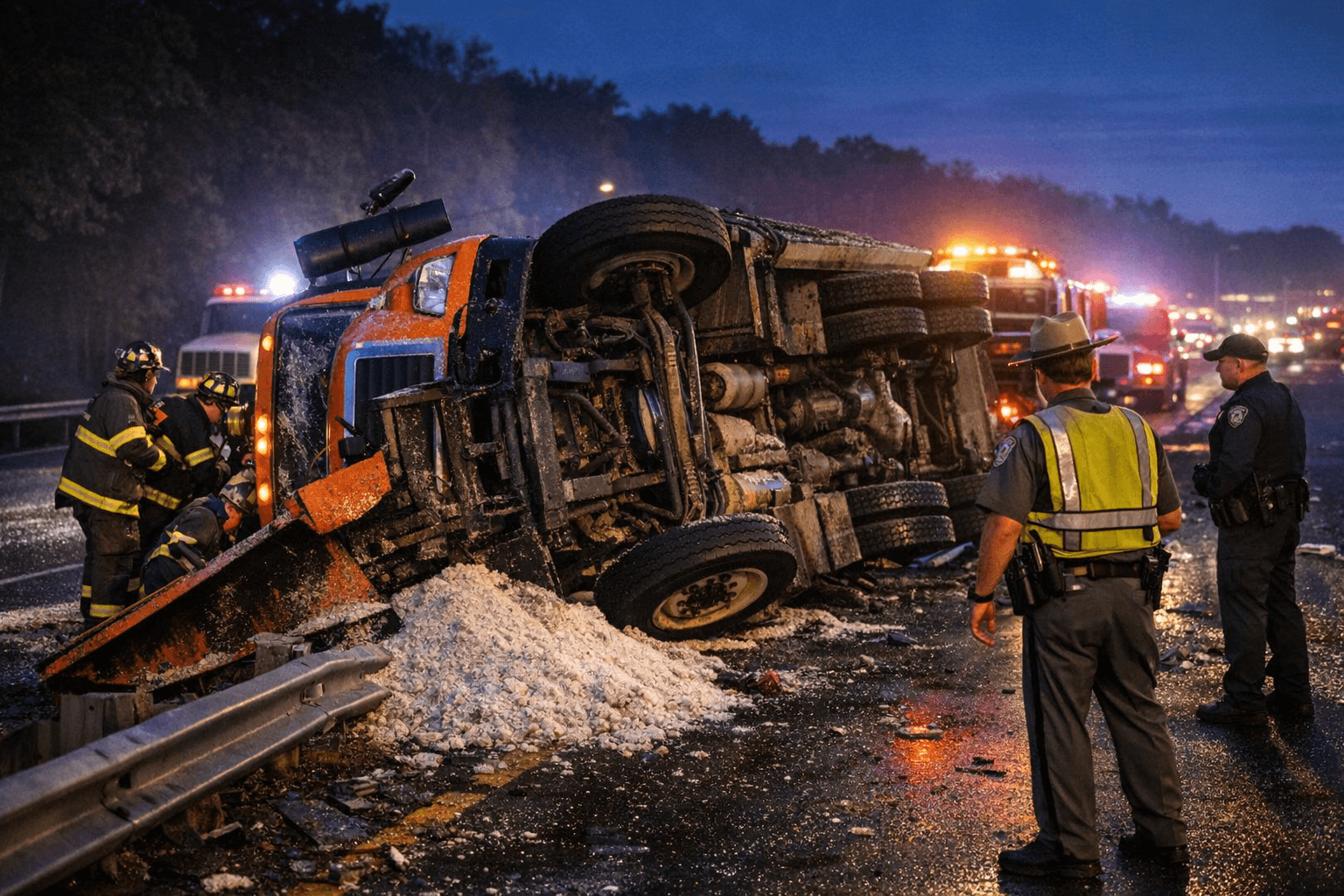 NYS DOT Plow Truck Overturns on Westbound Sunrise Highway in Brentwood