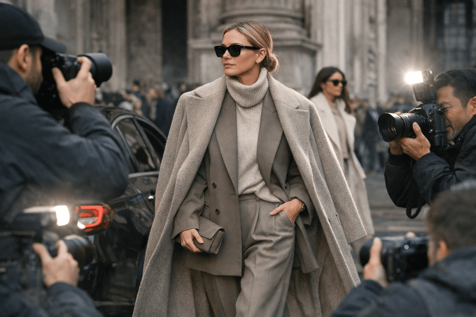 Celebrity Arrivals at Milan Fashion Week Highlight Neutral Layering Trends
