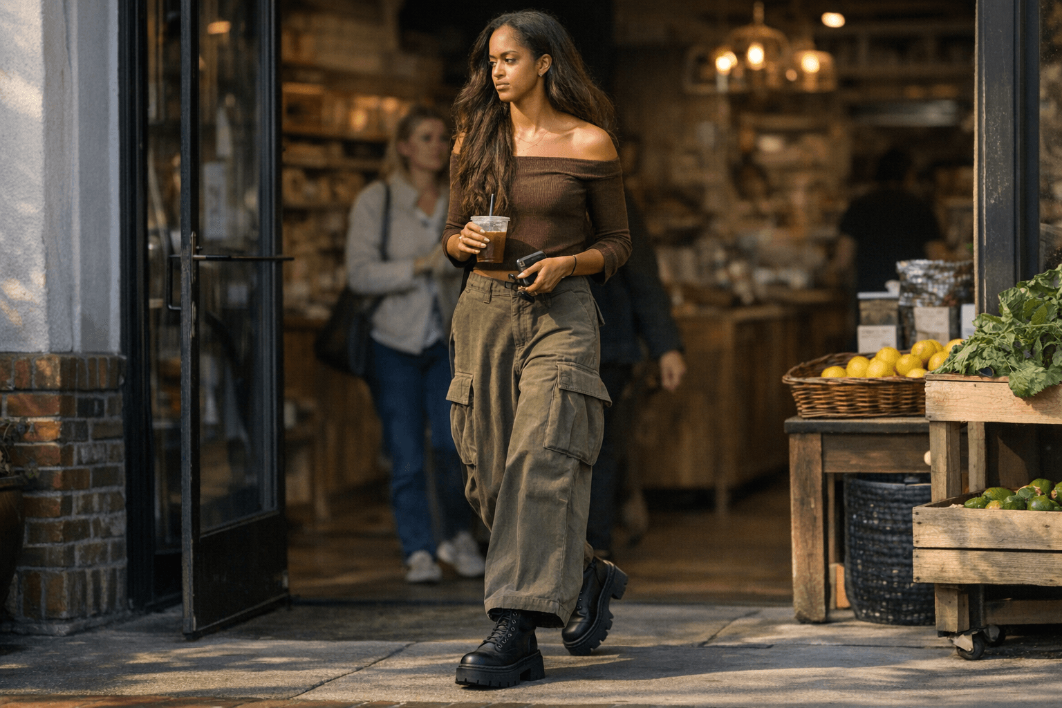 Malia Obama in Off-the-Shoulder Top, Wide-Leg Cargo Pants and Chunky Boots