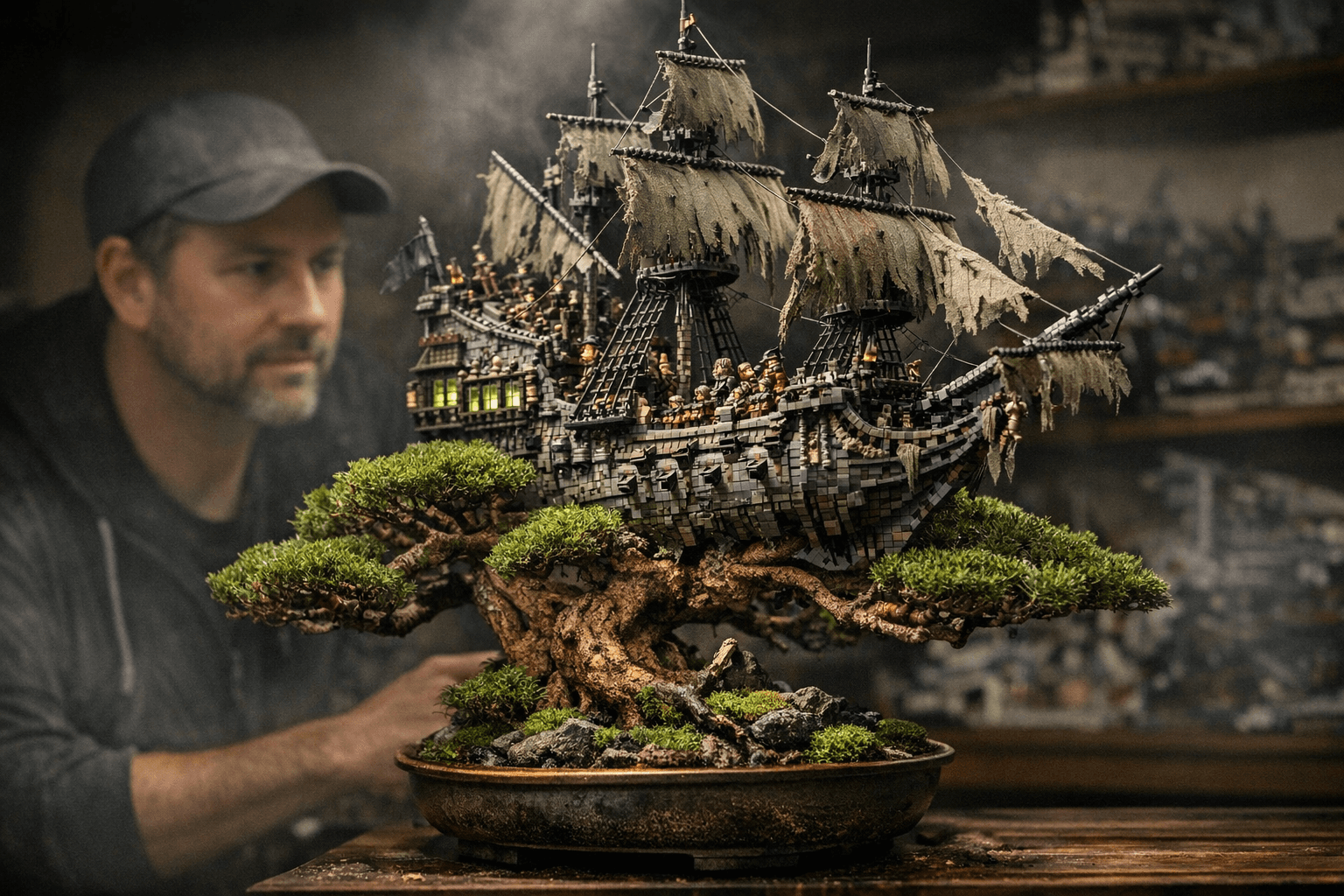 Fan Builds Detailed Flying Dutchman LEGO Model Using Living Bonsai