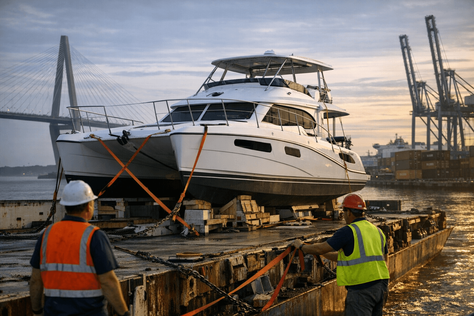 Leopard 37 Power Catamaran Arrives Charleston as Deck Freight for Commissioning