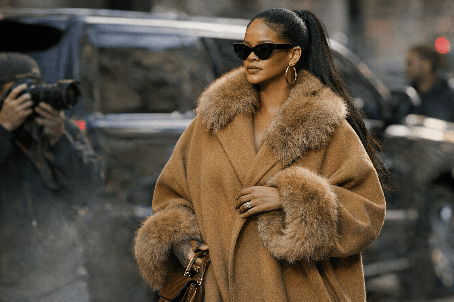 Rihanna Transforms Everyday Style in Fur-Trimmed La Maskarade Camel Coat