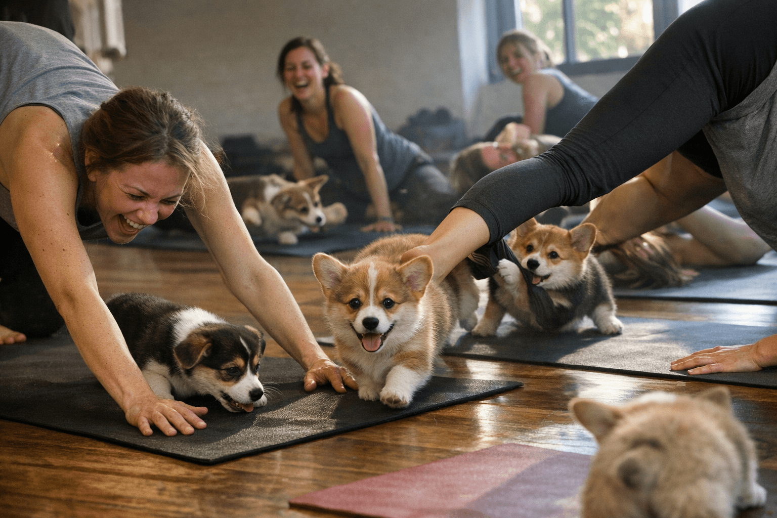 Tiny Corgi Puppies Disrupt Yoga Class as Participants Struggle to Keep Poses
