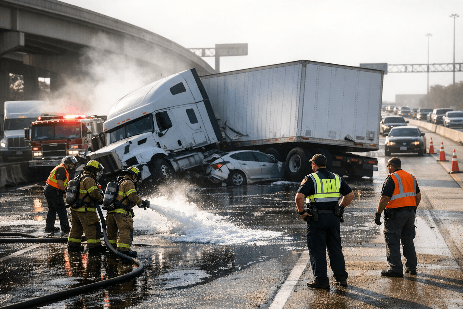 Jackknifed 18-wheeler blocks IH-610 North Loop eastbound at Gellhorn after fuel spill