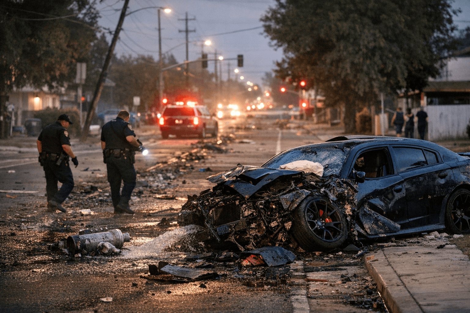 Speeding Hellcat Crashes at Shaw and Maroa, Carves 500-Foot Path