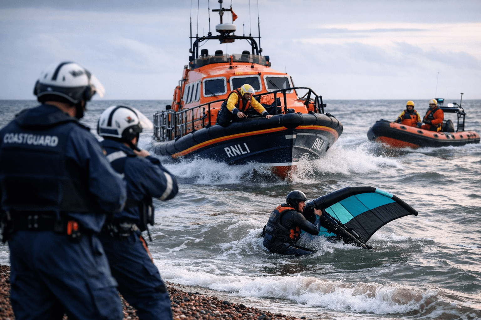 Hastings Lifeboat and Bexhill Coastguard Respond to Wing-Foiler in Trouble Off Seafront