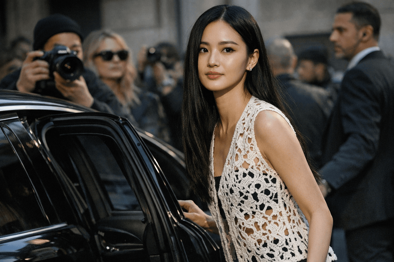 Zhang Yaqin Turns Heads in Milan Wearing Hollow-Lace Vest at Emporio Armani