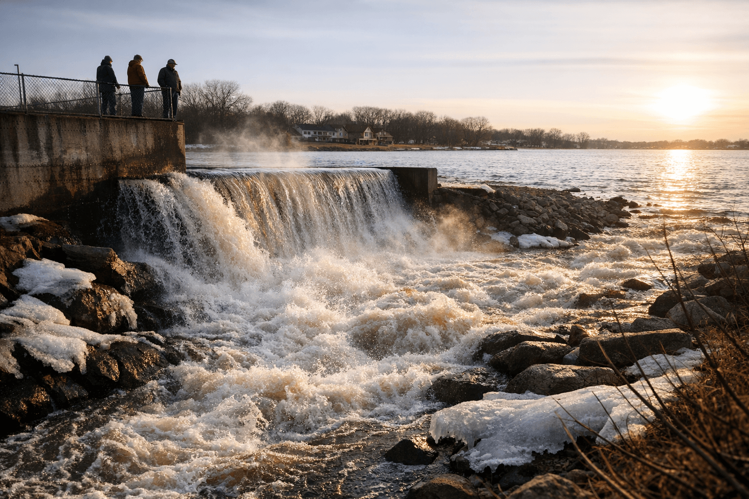 Late-February Warmth Leaves Storm Lake Nearly Ice-Free, Sends Water Over Lakeside Dam