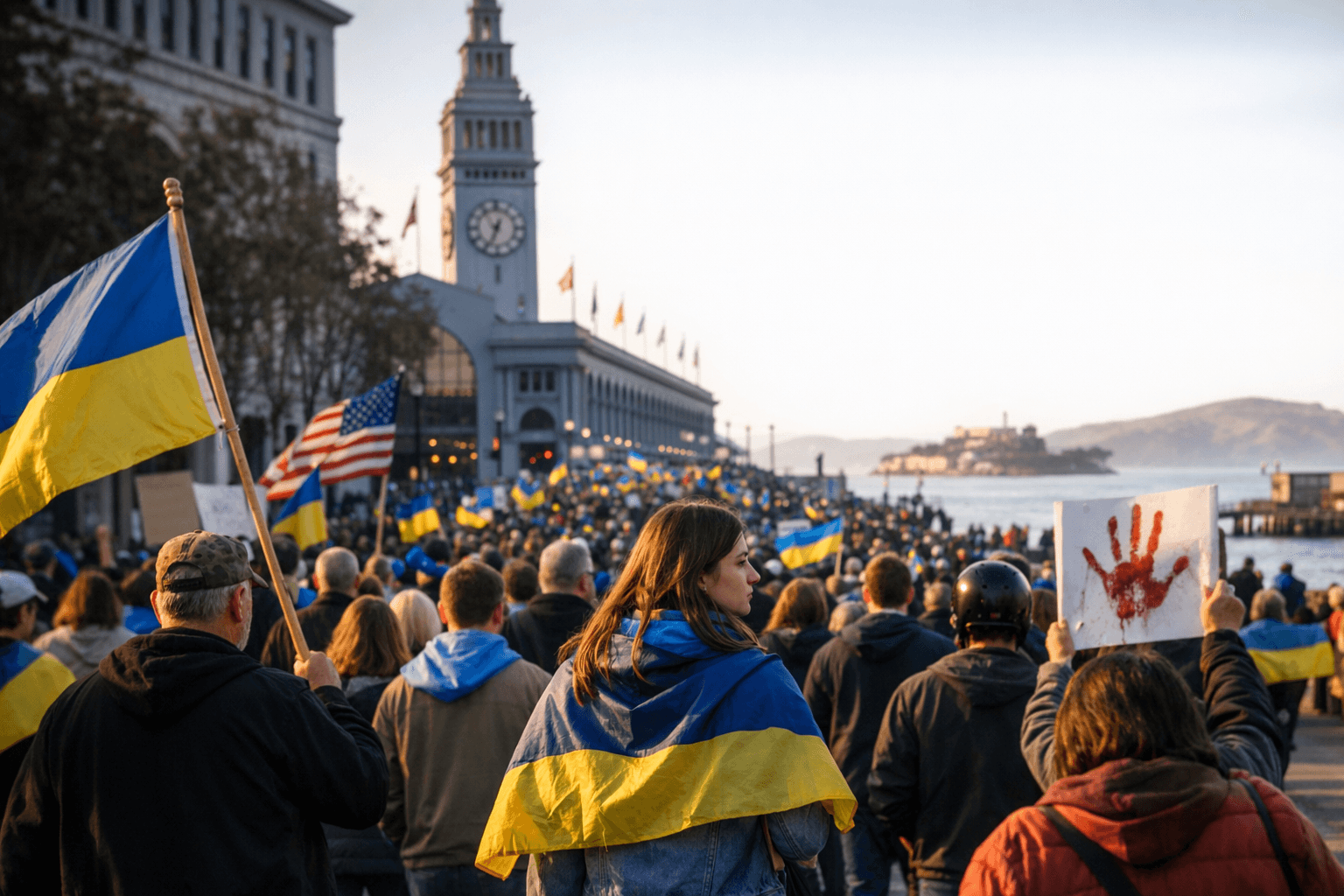 300 People Rally at Ferry Building, March to Pier 39 for Ukraine