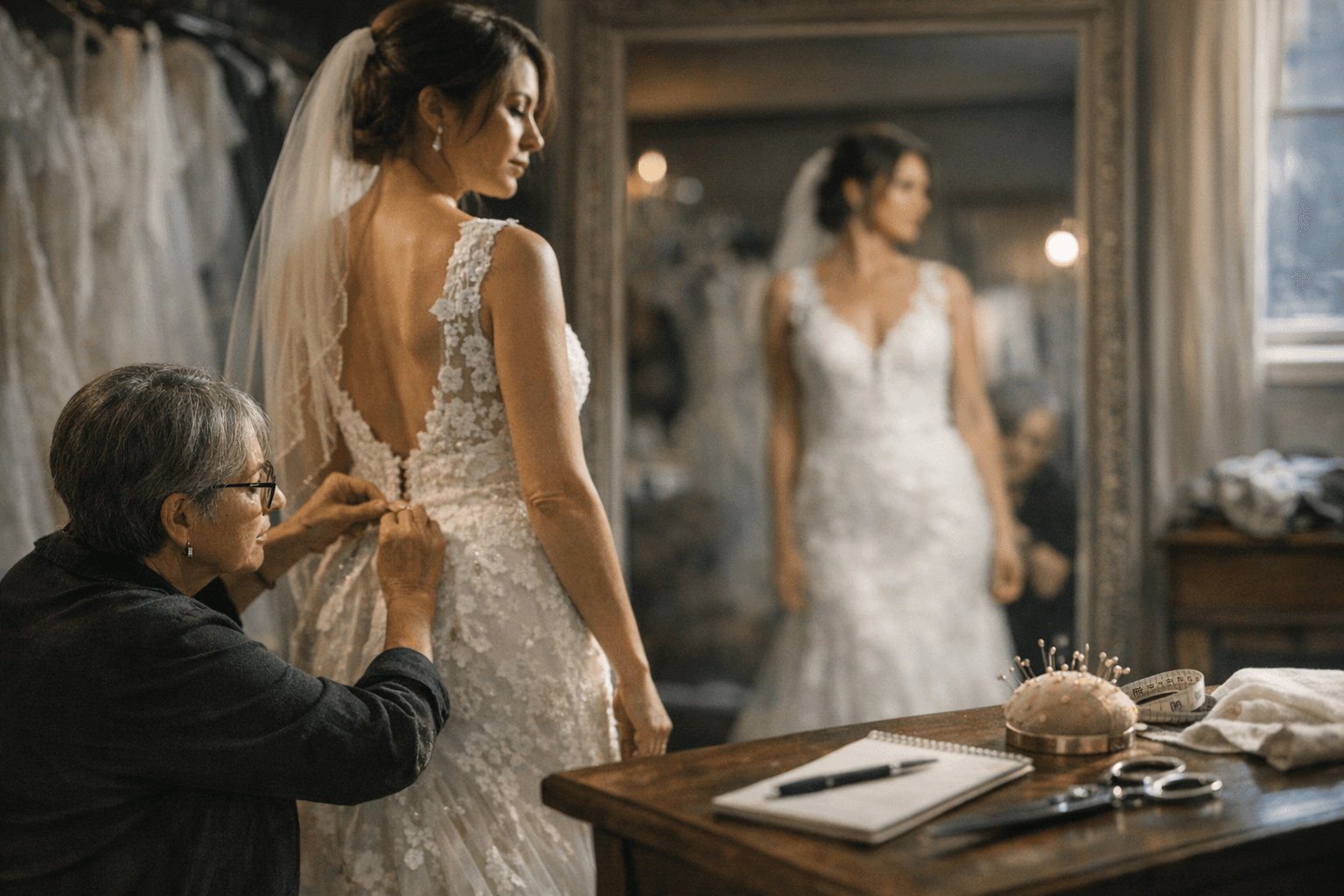Seven-step wedding dress fittings timeline with essential alteration checklist