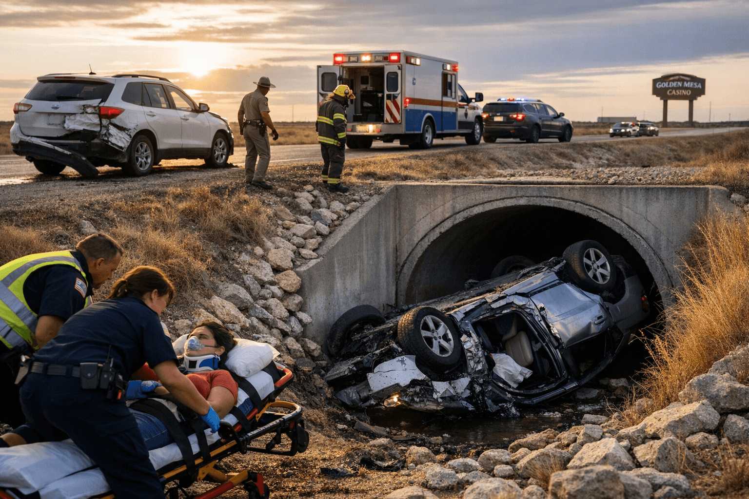 Two-vehicle rear-end crash near Golden Mesa Casino rolls into culvert, injuring two