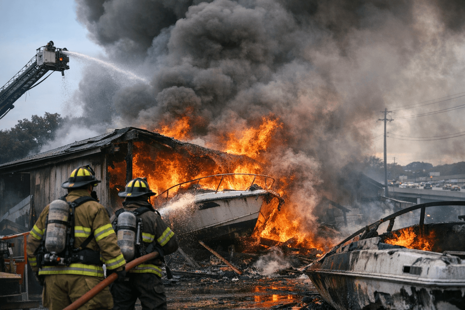 Boat Fire Engulfs Shed at 1310 Gloster Avenue; Smoke Seen from I-95