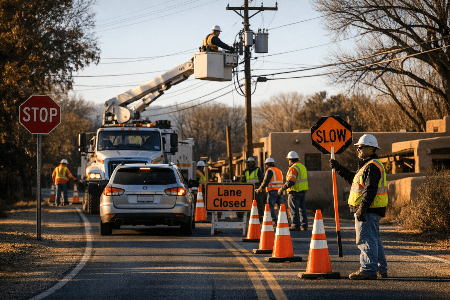 PNM Crews Narrow Corrales Road at Perea to Single Lane Saturday Morning