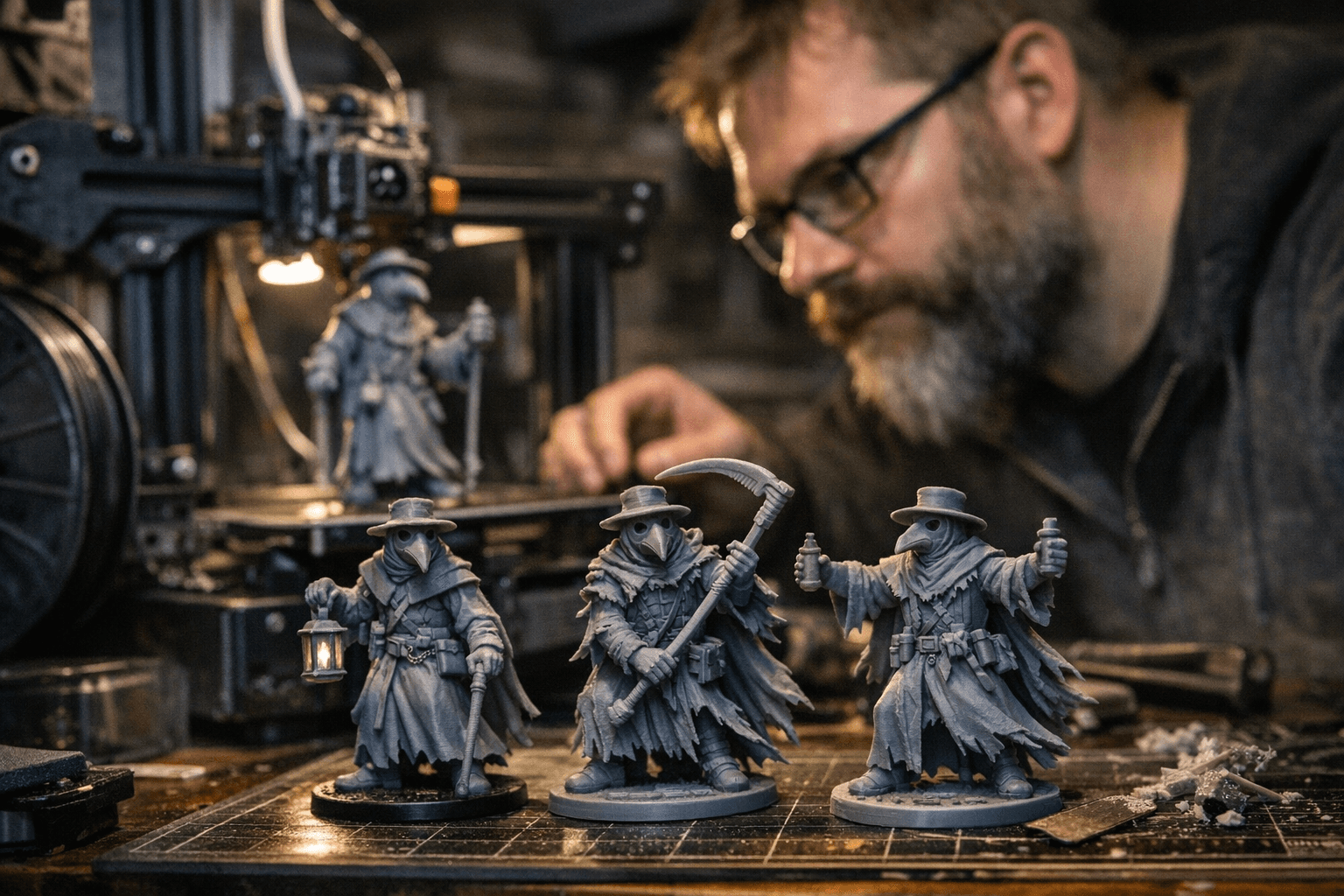 Arbiter Miniatures Posts Plague Doctors FDM and Supportless Test Prints on MyMiniFactory