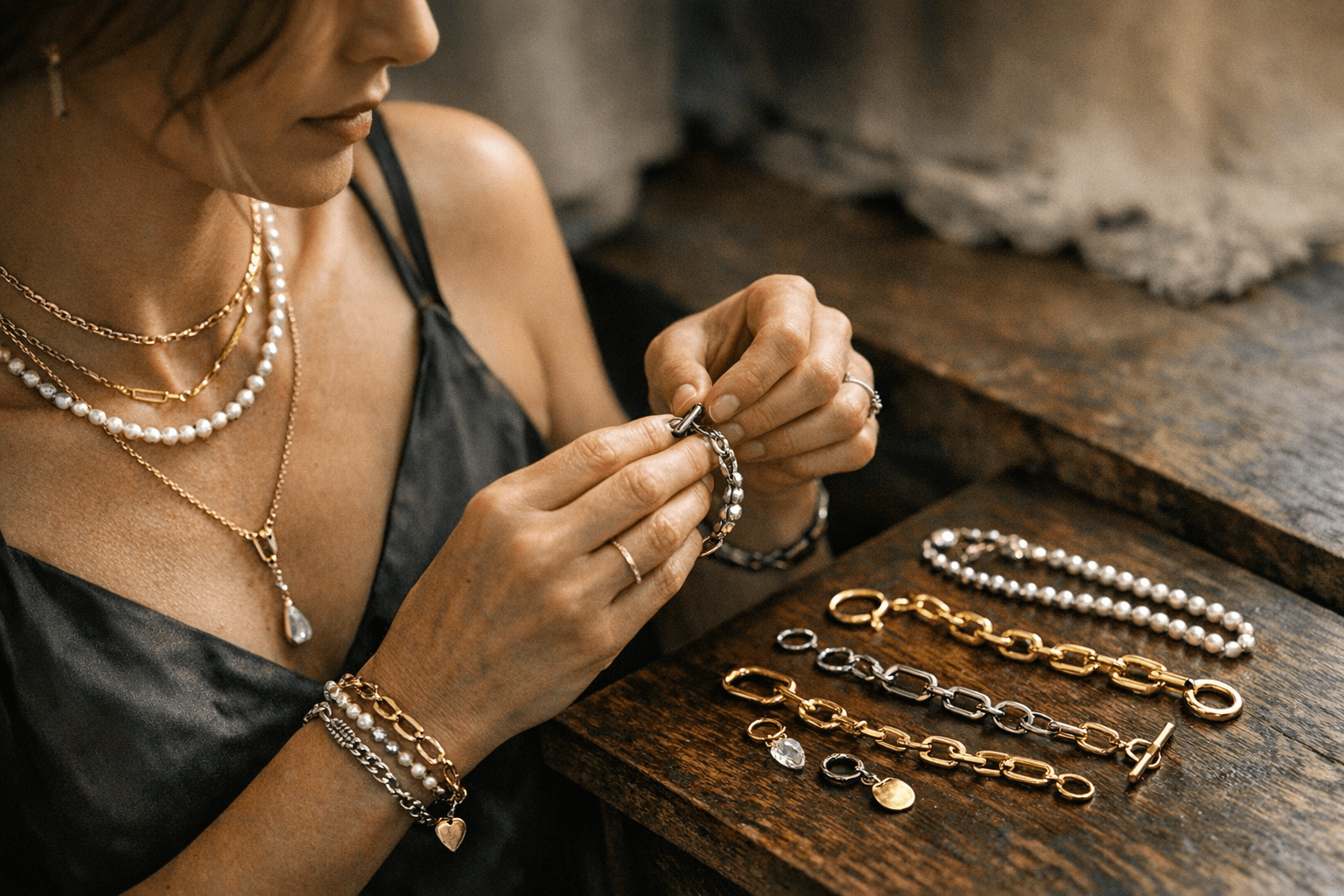 Transformational multiway jewelry linked to layering, including necklaces and modular chain bracelets
