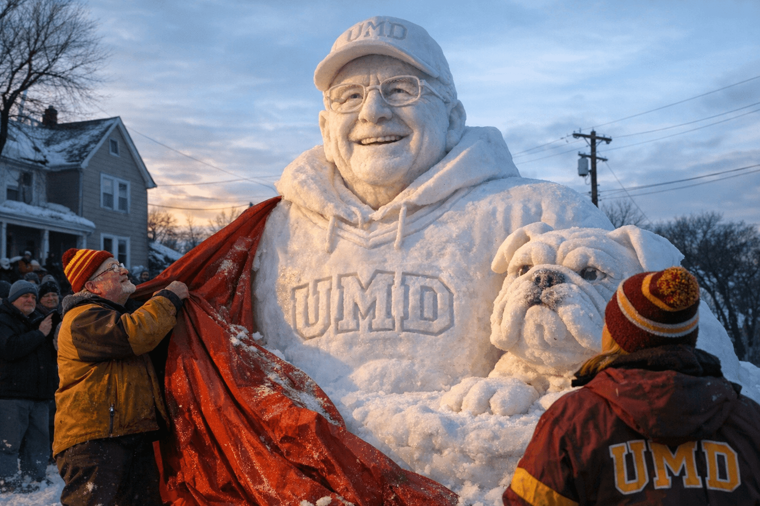 Giant Duluth snow sculpture honors UMD superfan Hoagie, unveiled by Harry Welty