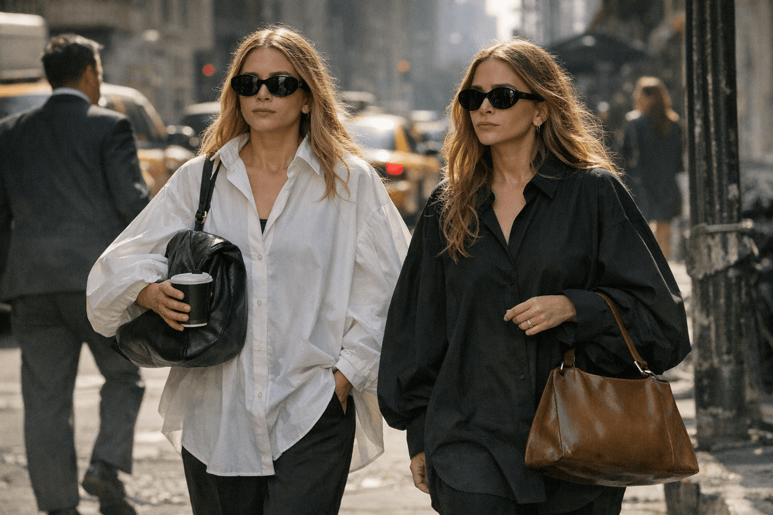 Olsen Twins' Oversized Blouses and Sunglasses Define Effortless City Dressing