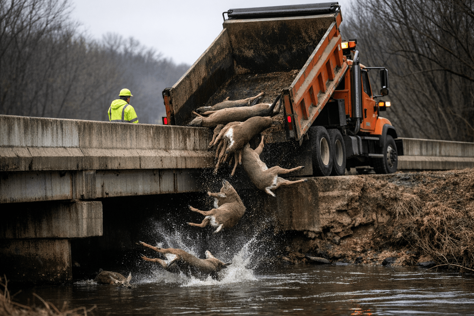 Photos Show IDOT Trucks Appearing to Dump Deer at Apple Creek Bridge