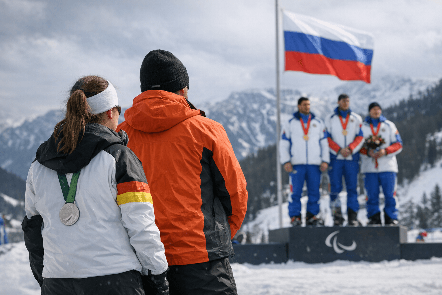 German Paralympic skiers turn their backs as Russian anthem plays in Italy