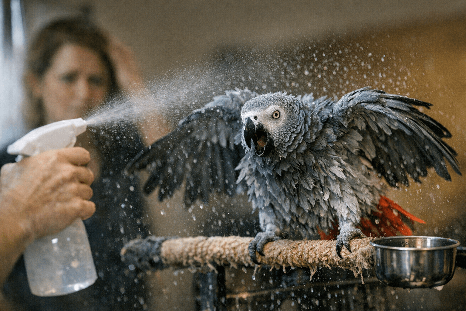 African Grey Parrot Bailey Throws Epic Tantrum After Unexpected Misting Session