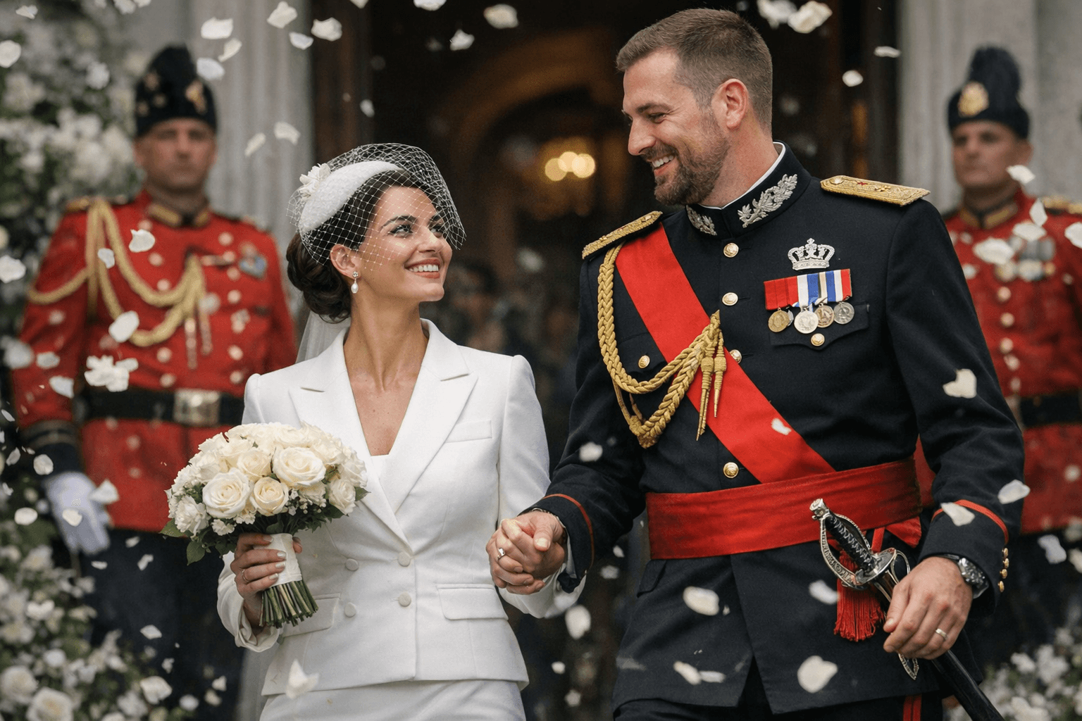 Princess Blerta Celibashi Weds Crown Prince Leka in White Skirt Suit and Birdcage Veil