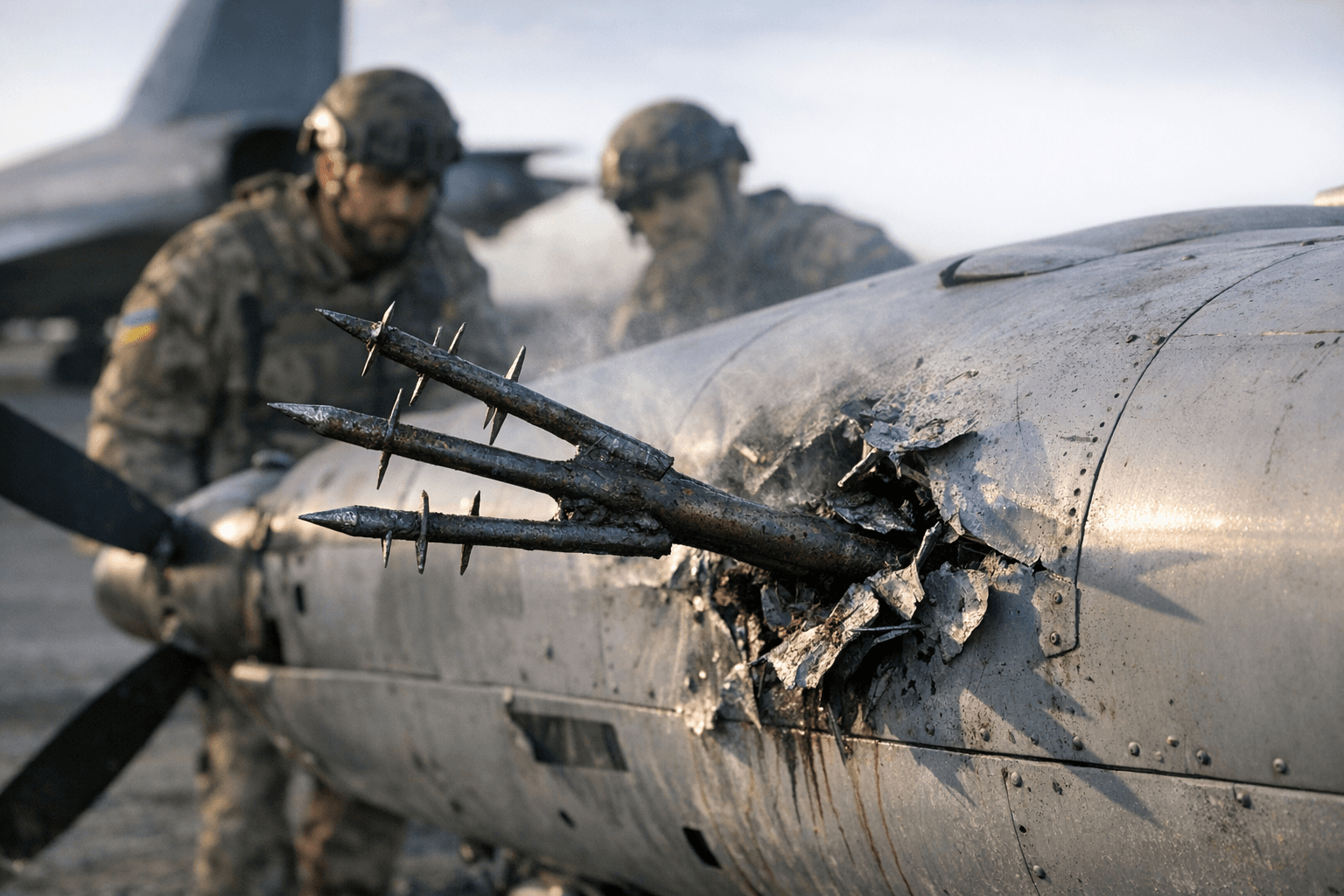 Ukrainian Bomber Drone Returns Pierced by Improvised Trident of Nails and Rods