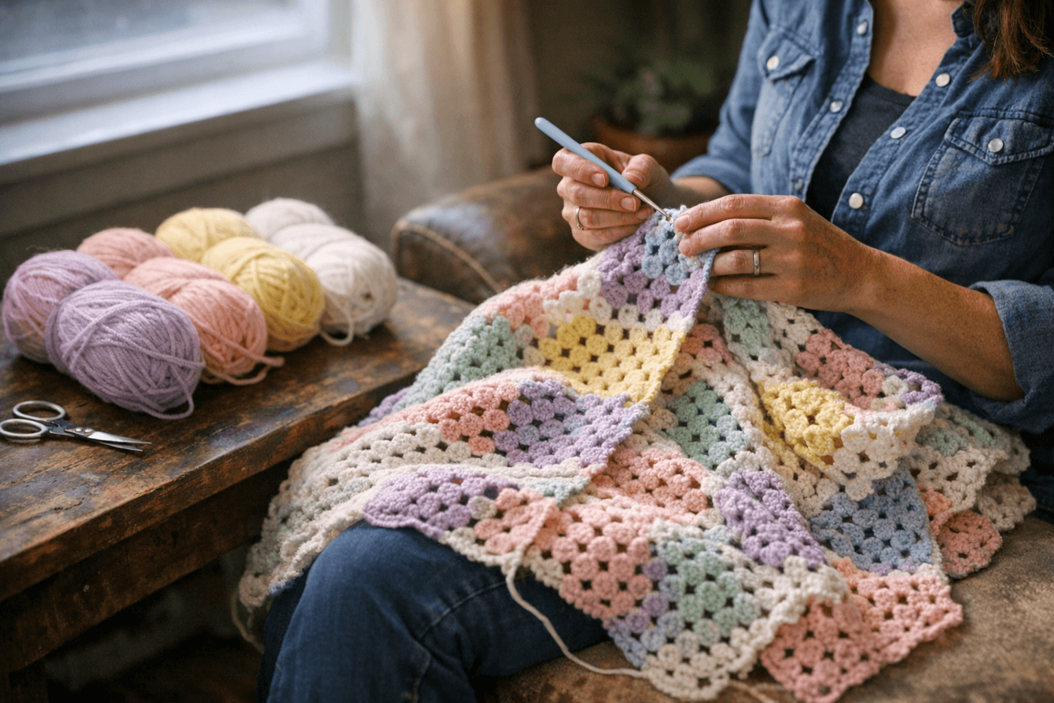 Beginner Crochet Pattern Uses One Skein Per Color for Pastel Granny Square Blanket
