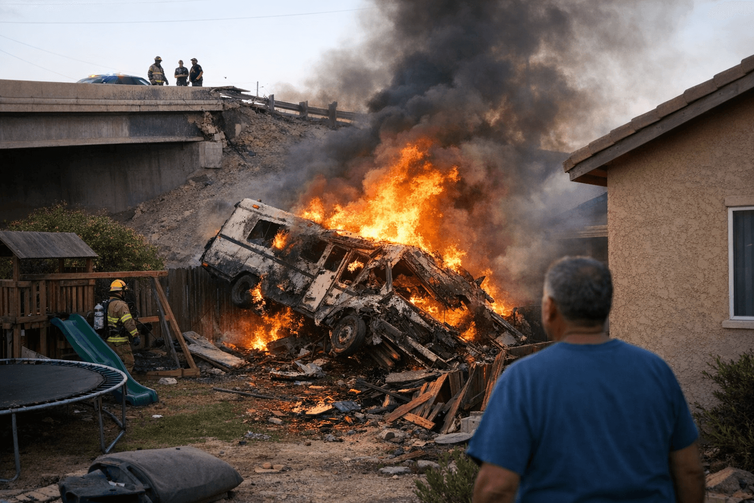 Burning RV Plunges Off Yuma Overpass, Lands in Backyard; Neighbors Demand Guardrail
