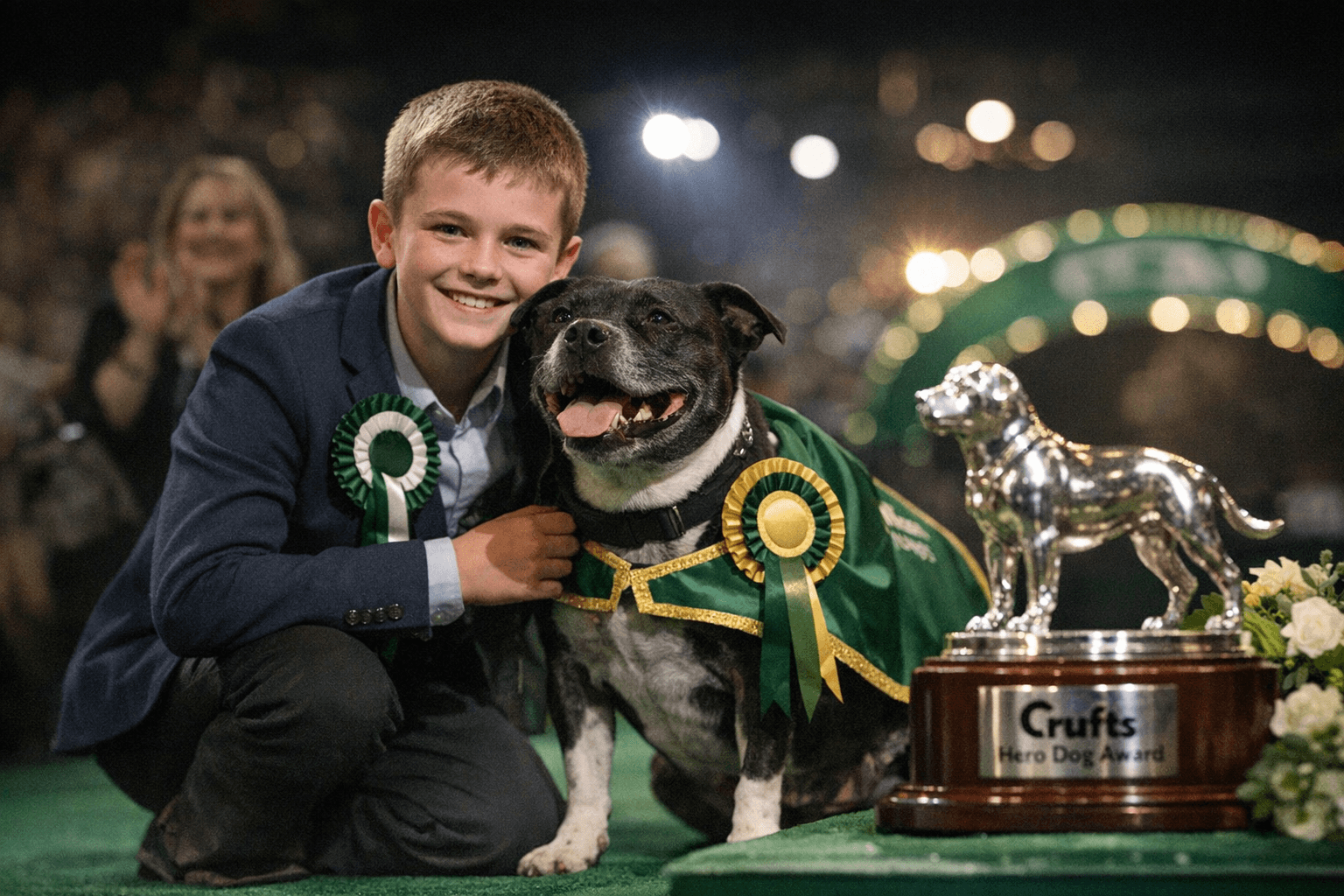 Staffordshire Bull Terrier Asha and Logan Claim Crufts 2026 Hero Dog Award
